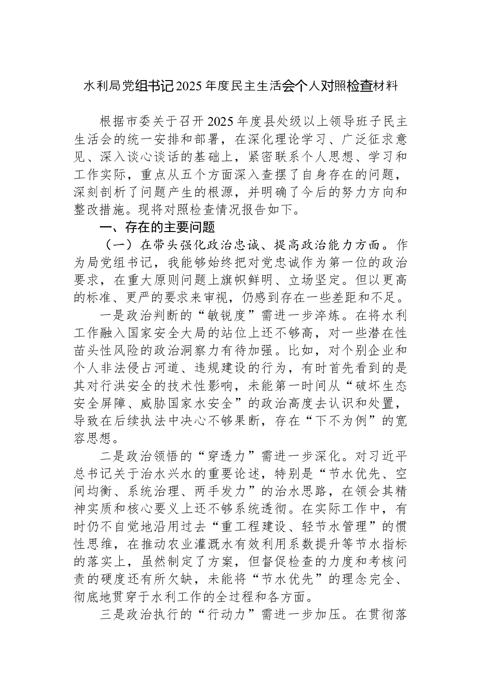 水利局党组书记2025年度民主生活会个人对照检查材料