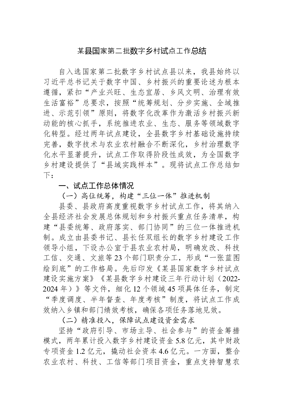某县国家第二批数字乡村试点工作总结