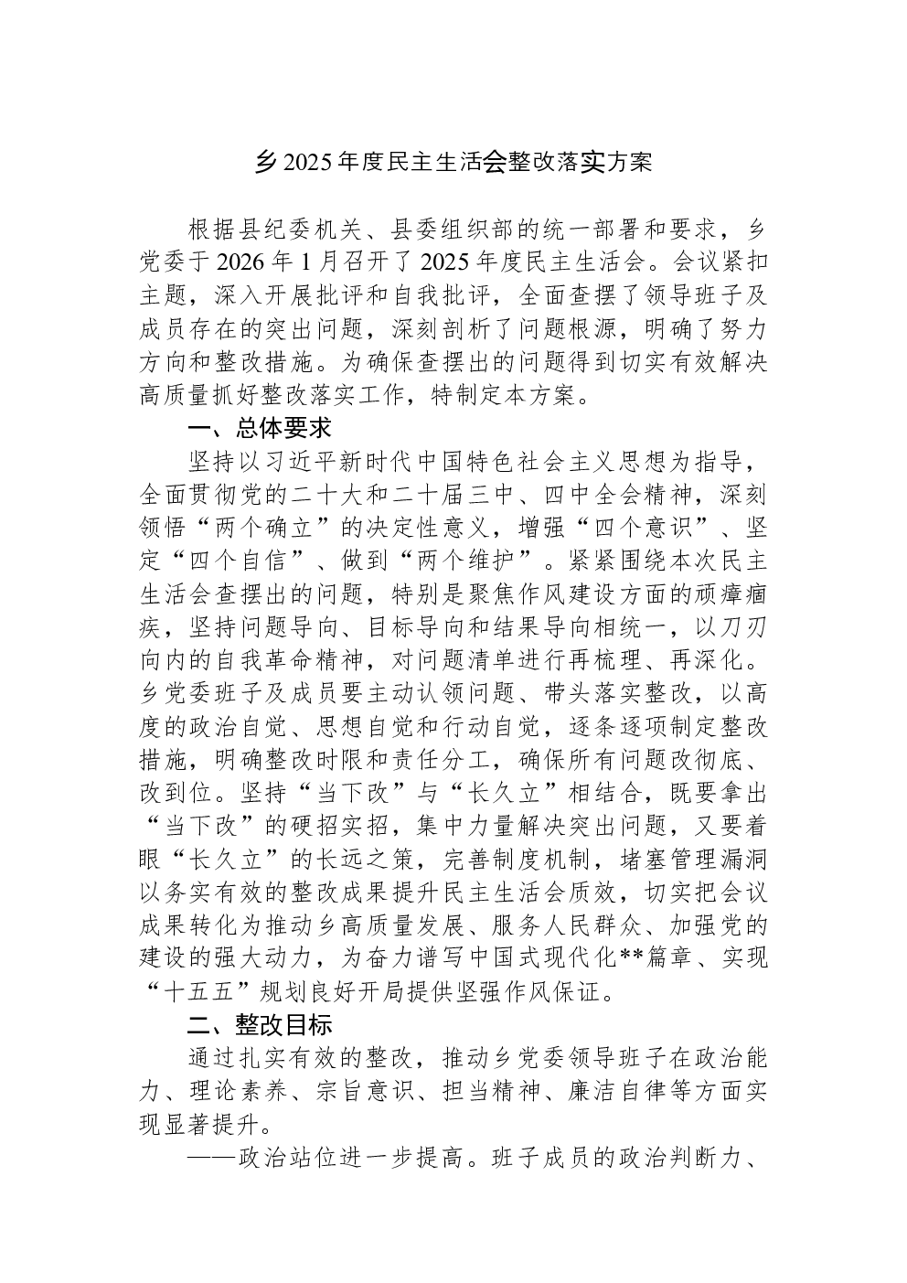 乡2025年度民主生活会整改落实方案