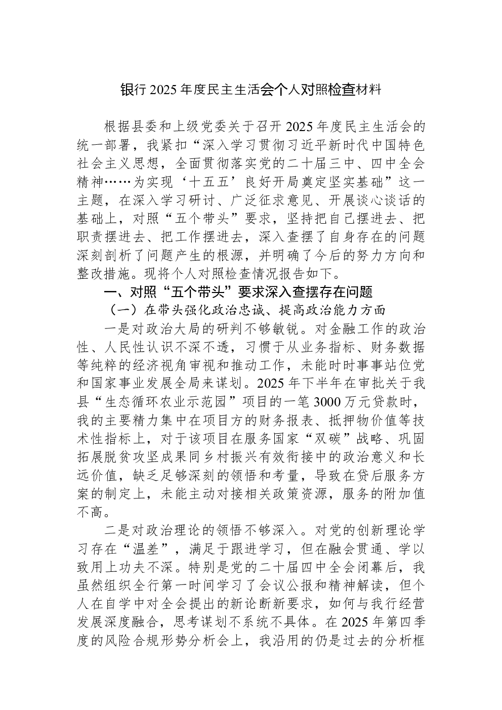 银行2025年度民主生活会个人对照检查材料