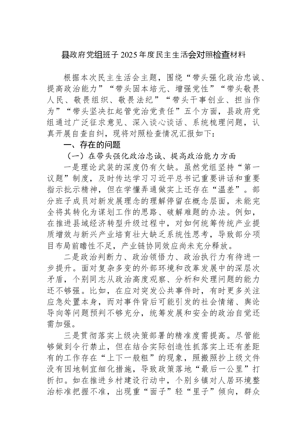 县政府党组班子2025年度民主生活会对照检查材料