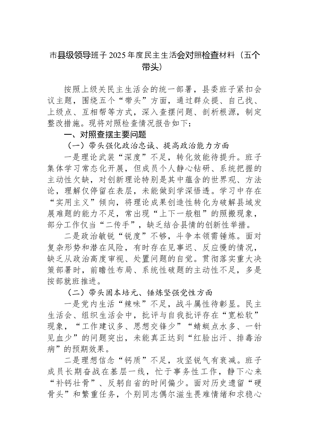 市县级领导班子2025年度民主生活会对照检查材料（五个带头）
