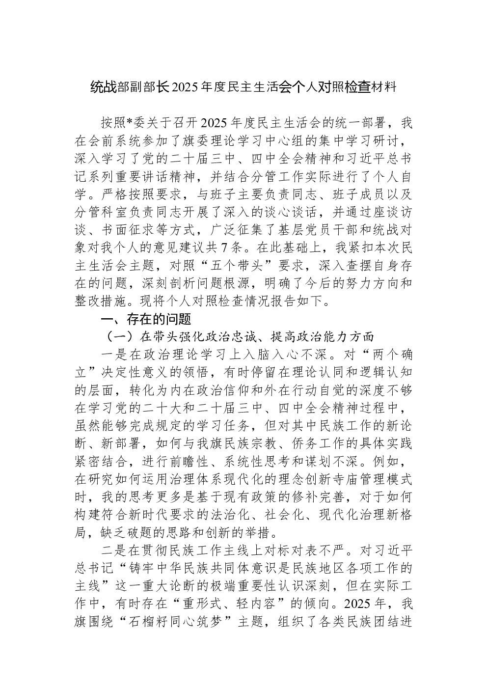 统战部副部长2025年度民主生活会个人对照检查材料