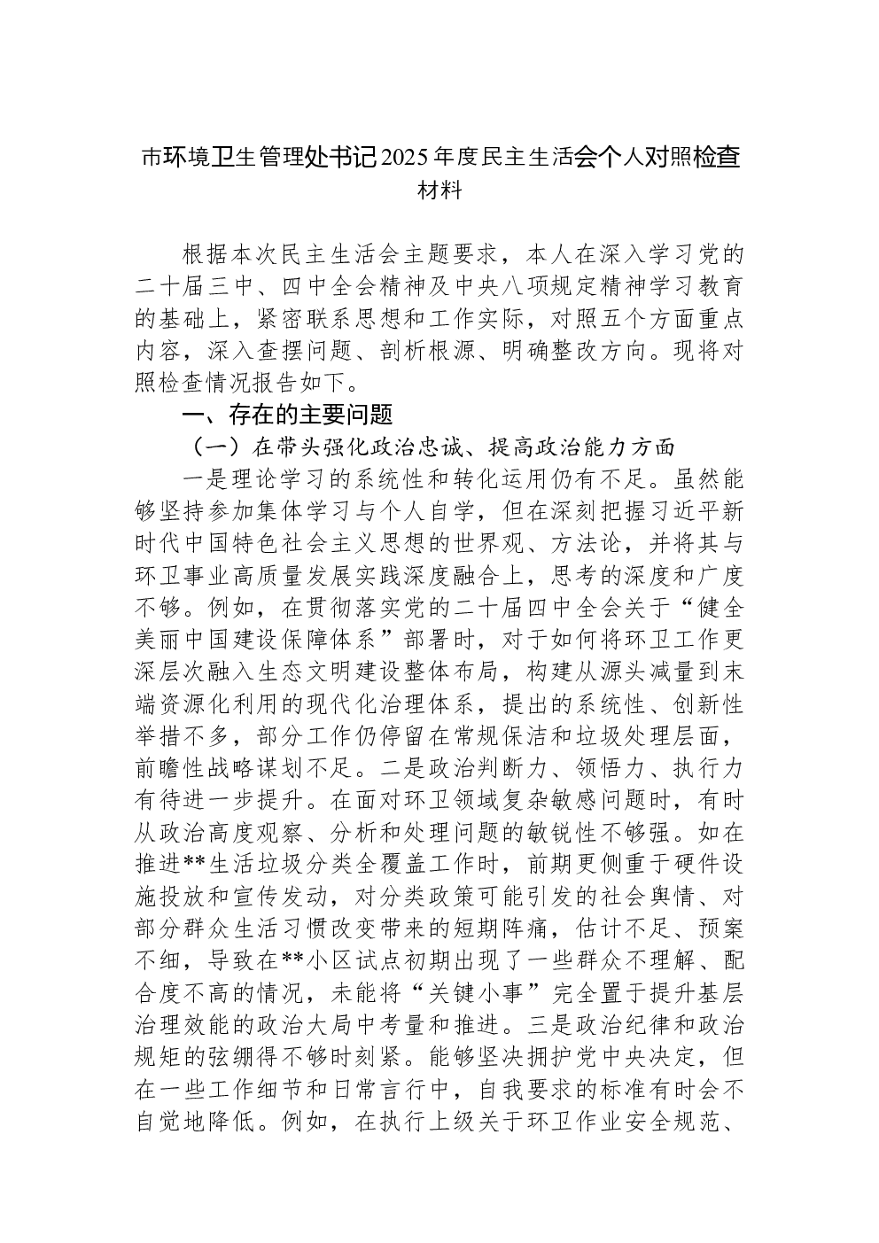 市环境卫生管理处书记2025年度民主生活会个人对照检查材料
